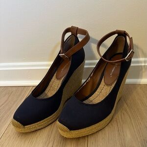 BCBGeneration Navy Canvas Espadrille Wedges with Brown Ankle Strap